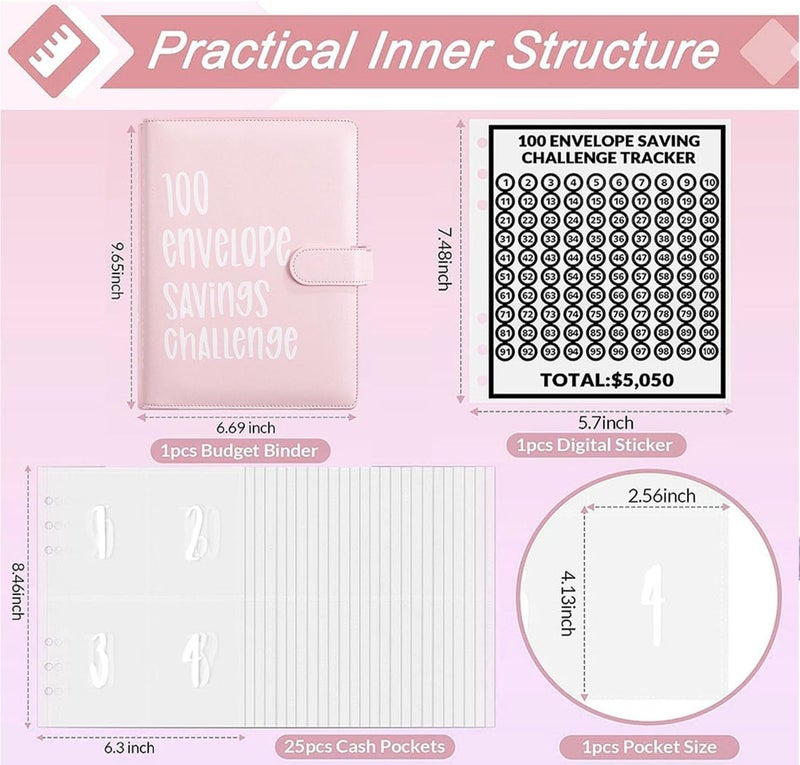 AASLOB 100 Envelopes Money Saving Challenge, 100 Envelope Challenge Binder, Easy and Fun Way to Save $5,050, Savings Challenges Budget Book Binder with Cash Envelopes for Office,Home,School (Pink) - Image 2